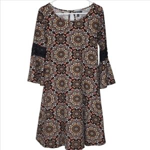Allison Brittney Brown Medallion Print Lace Accent Bell Sleeve Dress Small